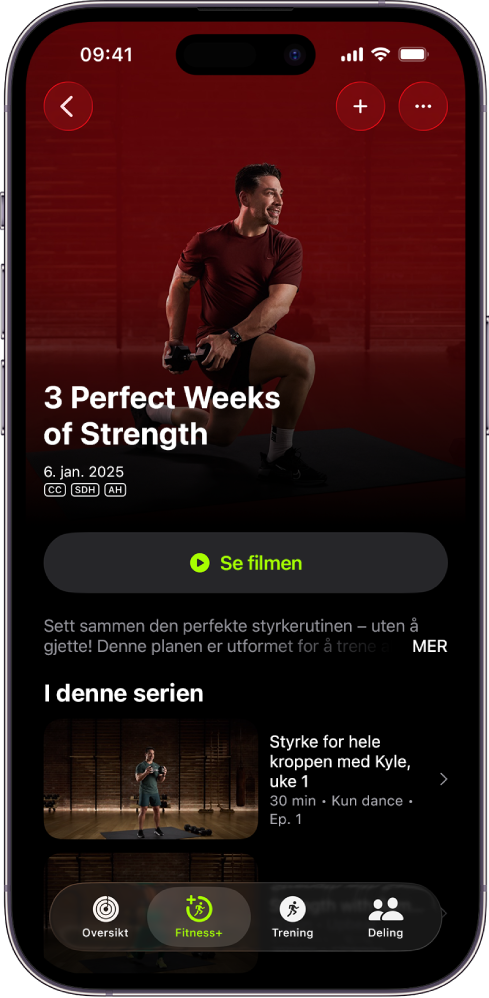 Et treningsprogram vises på Apple Fitness+-skjermen. Programtittelen, en knapp for å se en forhåndsvisning av programmet og beskrivelsen vises på midten av skjermen. En rad med treningsøkter vises nederst på skjermen.