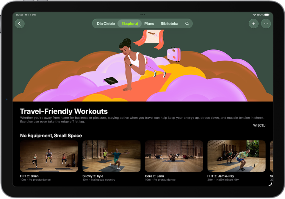 Ekran Apple Fitness+ pokazujący zbiór Świadome schładzanie. Na środku ekranu widoczny jest tytuł oraz opis zbioru. Poniżej tytułu zbioru znajdują się wiersze treningów.