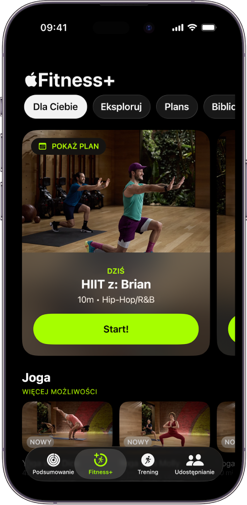 Ekran Dla Ciebie w Apple Fitness+, pokazujący trening z planu własnego oraz polecane treningi jogi.