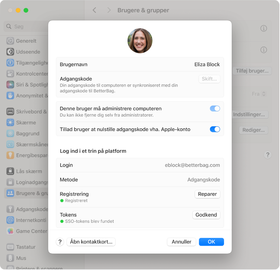 Et vindue på Mac, der viser en bruger, som er logget ind ved hjælp af Log ind i et trin på platform.