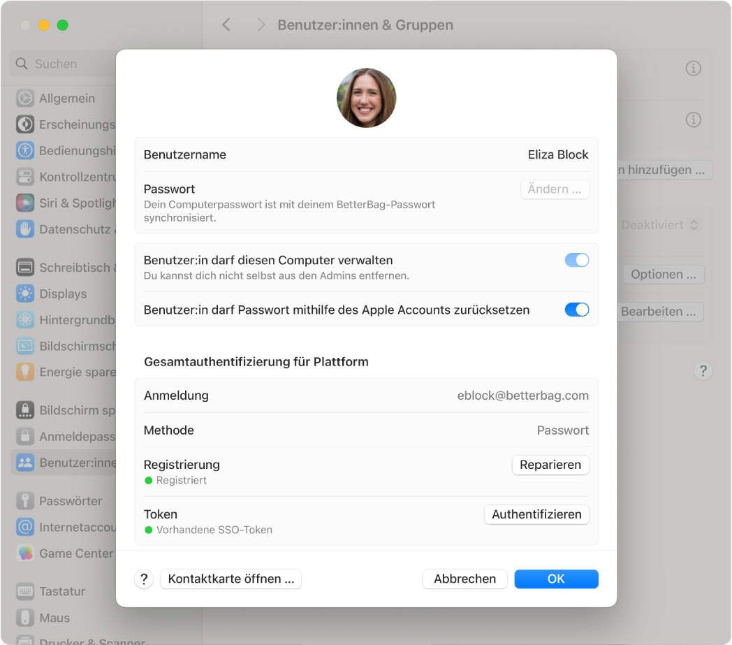 Mac-Fenster mit einem über die plattformübergreifende Gesamtauthentifizierung angemeldeten Benutzer.