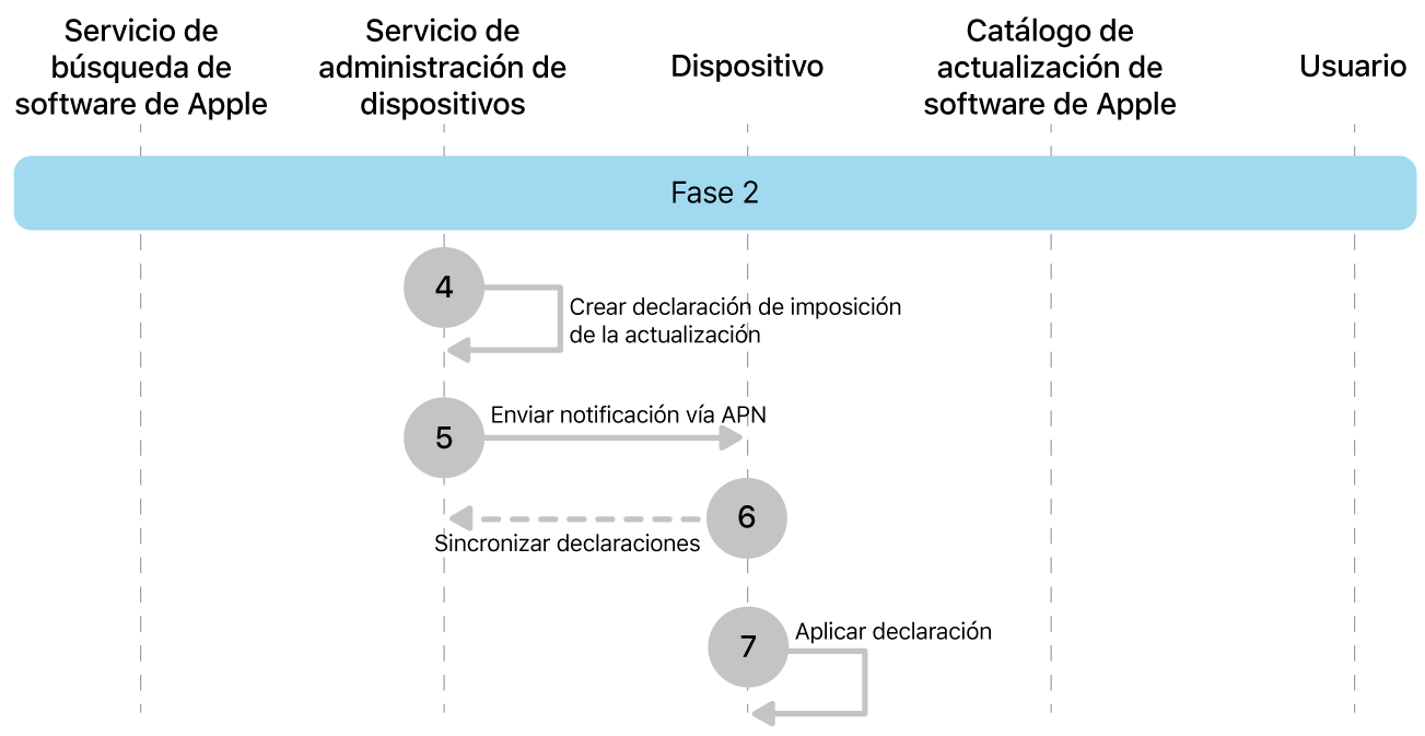 La segunda fase mostrando los pasos del 4 al 7 de la imposición de actualización de software de Apple.