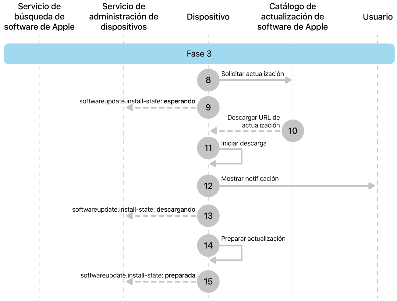 La tercera fase mostrando los pasos del 8 al 16 de la imposición de actualización de software de Apple.