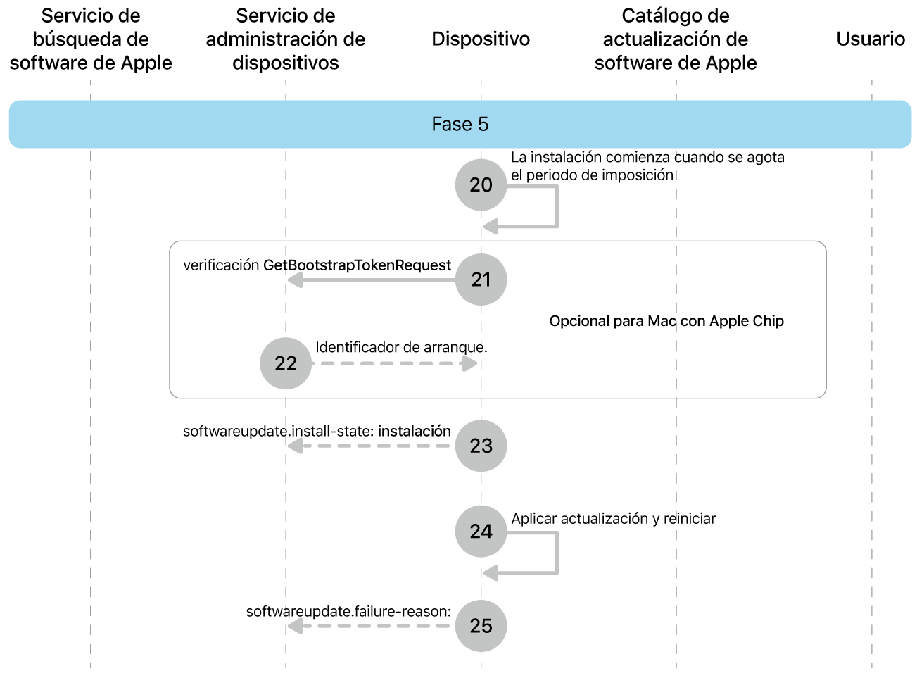 La quinta fase mostrando los pasos del 20 al 25 de la imposición de actualización de software de Apple.