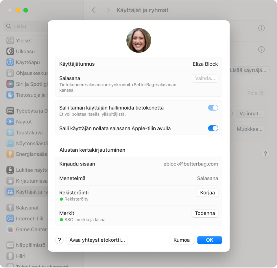Mac-ikkuna, jossa näkyy alustan kertakirjautumista käyttävä sisäänkirjautunut käyttäjä.