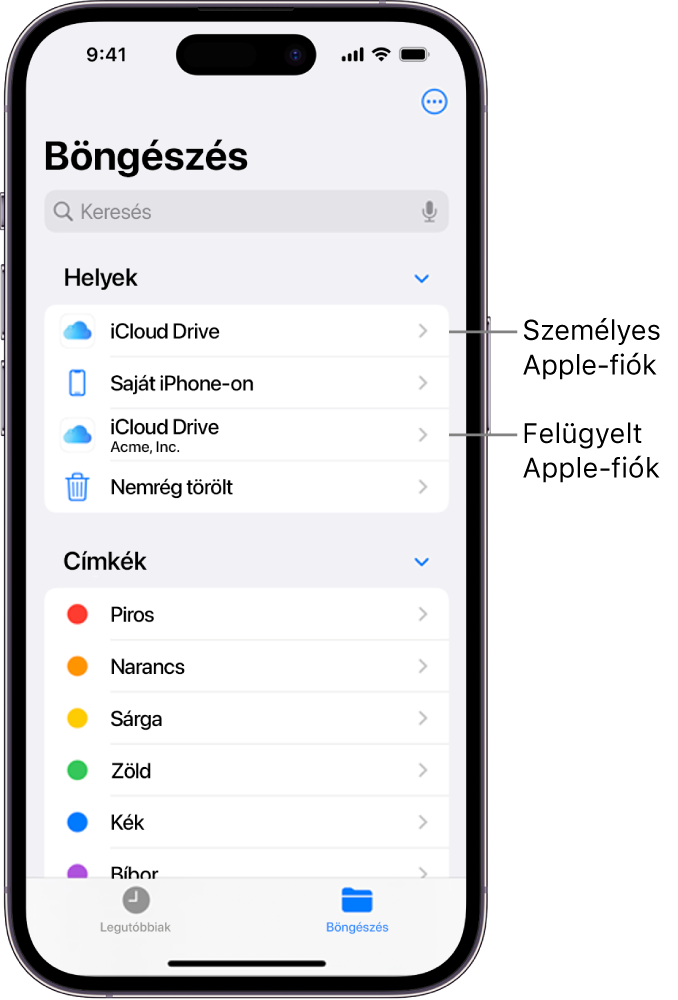 Egy iPhone képernyője két iCloud Drive-val: az egyik egy személyes Apple‑fiókot, míg a másik egy felügyelt Apple‑fiókot használ.
