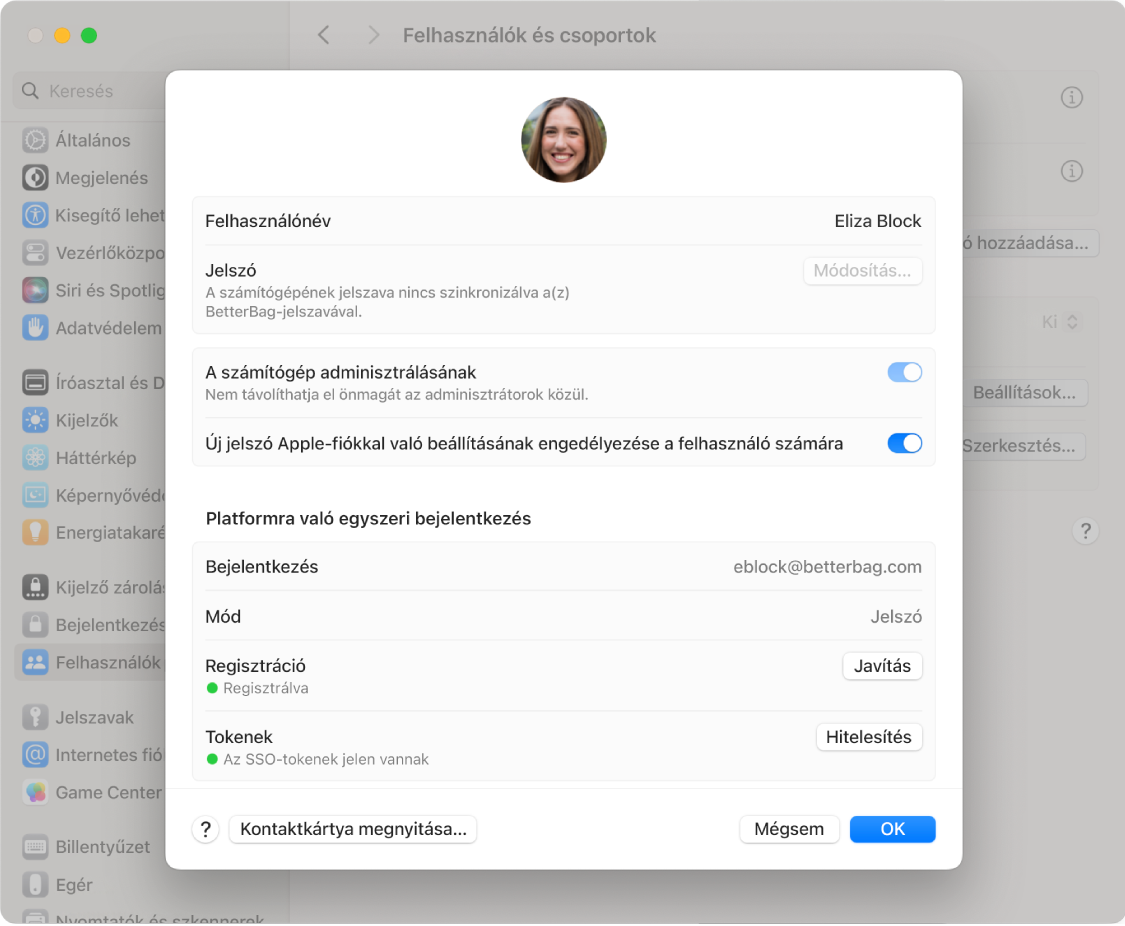 Egy Mac ablaka azt mutatja, hogy egy felhasználó Platform SSO használatával jelentkezett be.