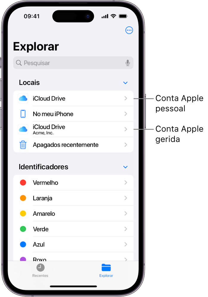O ecrã de um iPhone a mostrar duas iCloud Drives, uma a usar uma conta Apple pessoal e outra a usar uma conta Apple gerida.