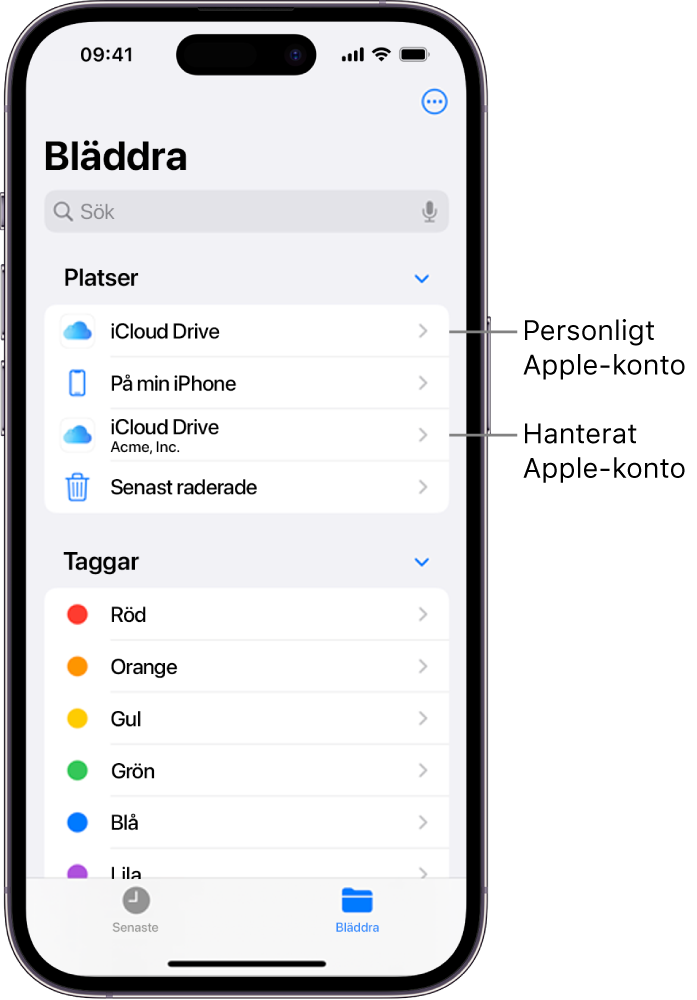 En iPhone-skärm som visar två iCloud Drive-mappar: en för en användares personliga Apple‑konto och en för dess hanterade Apple‑konto.