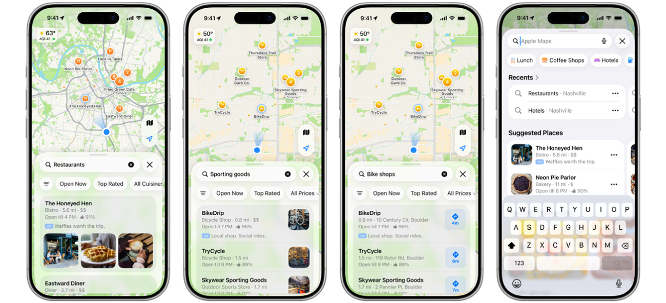Four iPhones in a row. The first iPhone shows the search home placement, which is an ad placement in Maps at the top of the Suggested Places list. The second iPhone shows a search results ad with the 3-image format, the third iPhone shows a search results ad that lets you tap for directions, and the fourth iPhone shows a search results ad with a 1-image format.