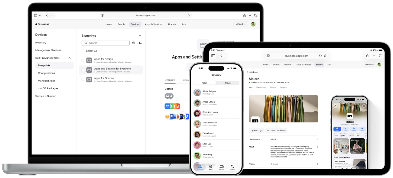 La fenêtre Schémas d’Apple Business sur un MacBook Pro, le répertoire des utilisateurs dans l’app Apple Business sur un iPhone et la fenêtre Marques d’Apple Business sur un iPad Pro.