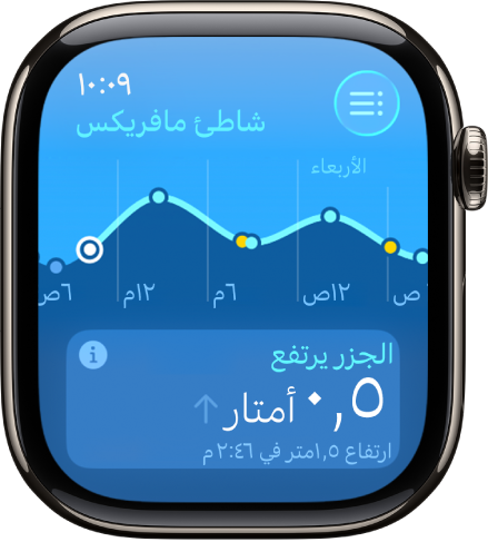 شاشة في تطبيق المد والجزر تعرض معلومات المد والجزر لموقع معين.
