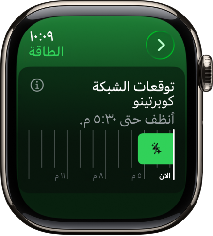 شاشة توقعات الشبكة تعرض الطاقة الأنظف متاحة حتى الساعة 5:30 مساءً.