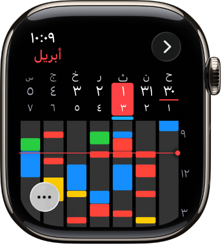 تطبيق التقويم يعرض أحداث الأسبوع. يُصنَّف كل حدث حسب اللون، للإشارة إلى التقويم الذي ينتمي إليه. يظهر اسم الشهر في أعلى اليسار وتُعرَض الأيام والتواريخ في الجزء العلوي. تُميَّز أحداث طوال اليوم بشريط أسفل تاريخ كل يوم. يشير خط عبر الأسبوع إلى الوقت الحالي. يظهر زر المزيد في الأسفل يسارًا.