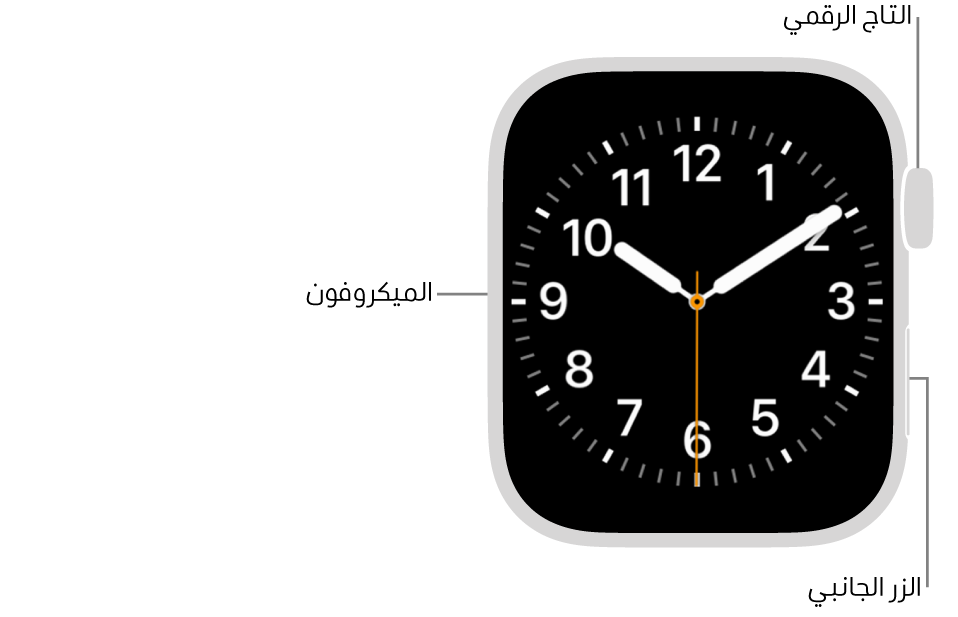 الجزء الأمامي من Apple Watch Series 9 وتظهر به شاشة العرض التي تعرض واجهة الساعة والتاج الرقمي والميكروفون والزر الجانبي من أعلى إلى أسفل على جانب الساعة.