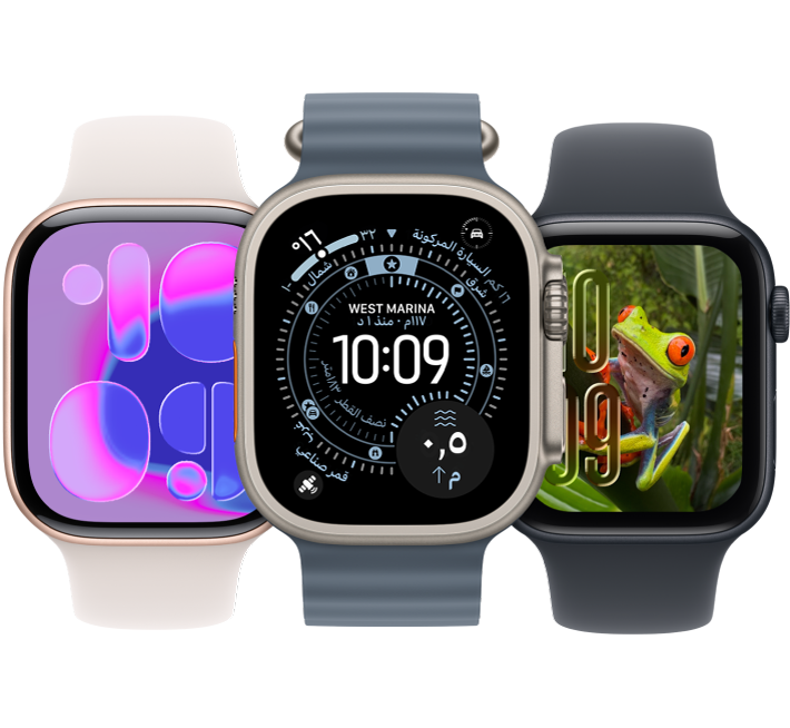 من اليمين إلى اليسار، Apple Watch تعرض واجهة الساعة