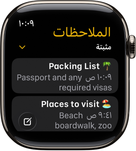 شاشة الملاحظات تعرض ملاحظتين مثبتتين.