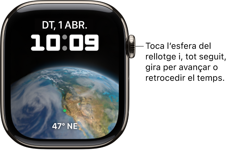 L’esfera Astronomia, que mostra el dia, la data i l’hora actual. A baix de tot hi ha una complicació de Temporitzador. Toca l’esfera del rellotge i, després, gira la Digital Crown per avançar o retrocedir en el temps.