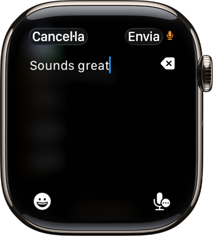 La pantalla del camp de text, en què es mostra un missatge creat amb la funció de dictat. El botó dels emojis i el del dictat són a la part inferior de la pantalla.