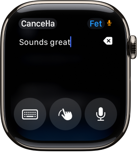 La pantalla del camp de text, en què es mostra un missatge a la part superior. Els botons del teclat en pantalla, d’escriptura a mà i de dictat són a la part inferior de la pantalla.