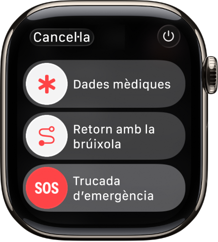 La pantalla dels serveis d’emergències. A prop de la part superior es mostra el regulador “Dades mèdiques”, al centre hi ha el regulador “Retorn amb la brúixola” i a la part inferior hi ha el regulador “Trucada d’emergència”.