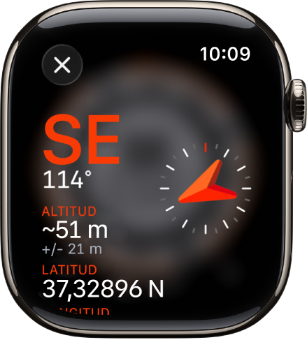 L’app Brúixola mostra la pantalla Informació. El rumb apareix a la part central esquerra amb l’orientació (sud-est) i els graus (114 graus). A sota es mostren la inclinació i l’elevació actuals. A la part dreta hi ha un indicador de brúixola. A la part superior esquerra hi ha el botó “Tanca”.