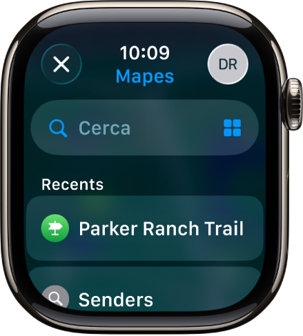 La pantalla de cerca de l’app Mapes, amb el camp de cerca a prop de la part superior. Un llista de cerques recents apareix a la part inferior.