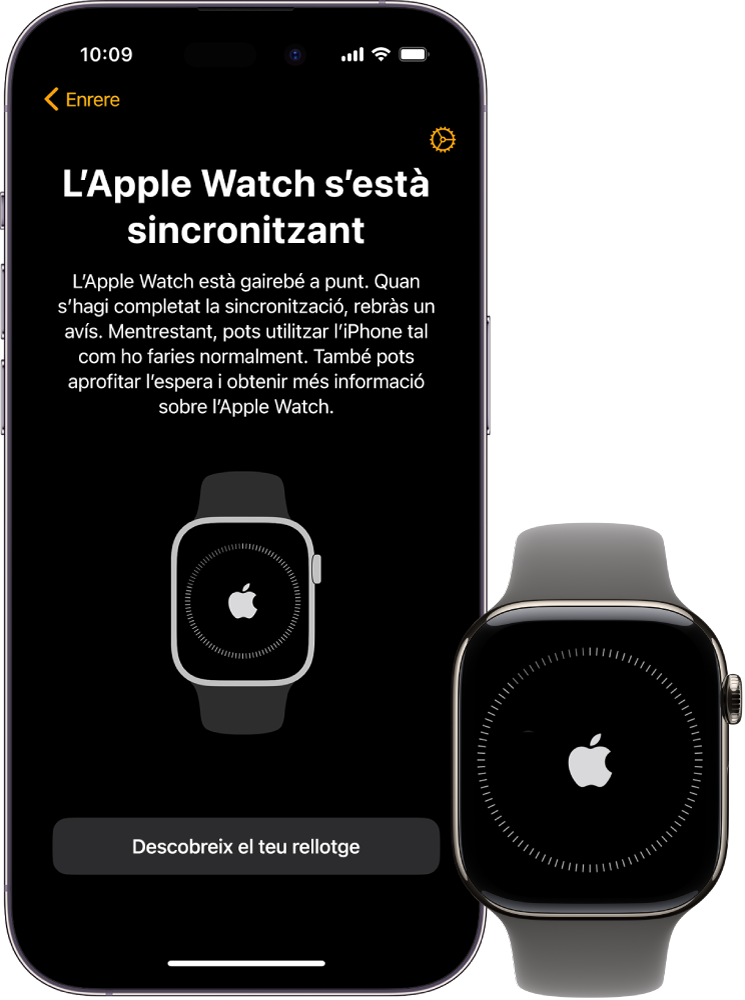 Un iPhone i un Apple Watch mostren les seves pantalles de sincronització.