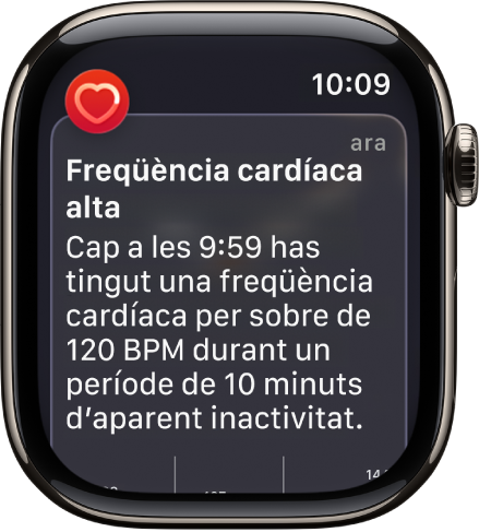 Un avís de freqüència cardíaca que indica una freqüència cardíaca alta.