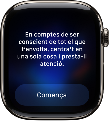 Es veu l’app Atenció Plena amb un pensament sobre el qual pots reflexionar. El botó “Comença” és a sota.