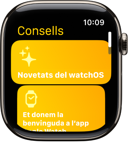 L’app Consells amb col·leccions de consells com “Et donem la benvinguda a l’Apple Watch”.