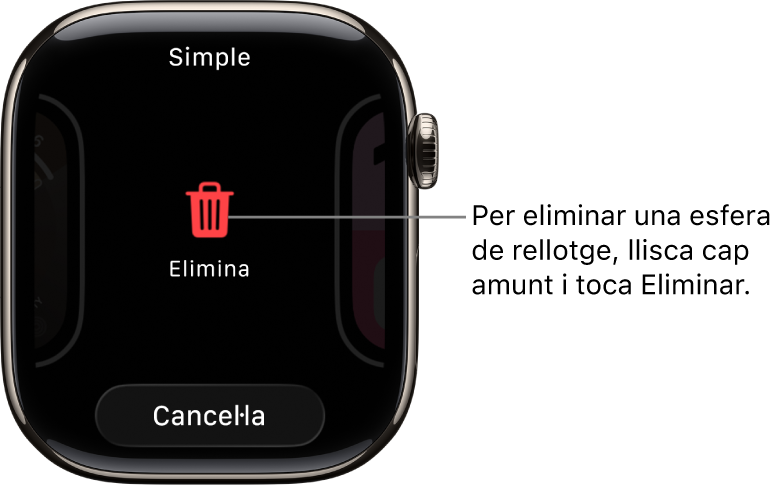 La pantalla de l’Apple Watch amb els botons d’eliminar i cancel·lar, que apareixen després de fer lliscar un dit per la pantalla fins a una esfera i fer-la lliscar cap amunt per eliminar-la.