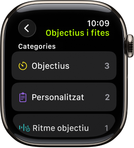L’app Entrenament mostra els objectius creats, els entrenaments personalitzats i el ritme dels entrenaments.