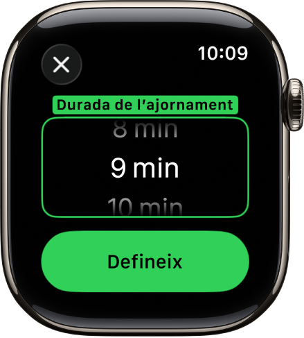 Pantalla d’un rellotge que mostra opcions per definir la durada de l’ajornament a l’app Alarmes.