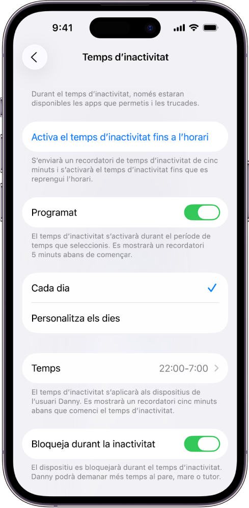 L’iPhone mostra la pantalla de configuració de “Temps d’inactivitat”. El botó Programat és a prop de la part superior. Les opcions “Cada dia” i “Personalitza els dies” apareixen a sota. L’opció “Cada dia” està seleccionada. Les hores “Des de” i “Fins a” són al mig de la pantalla i “Bloqueja durant inactivitat” és a prop de la part inferior.