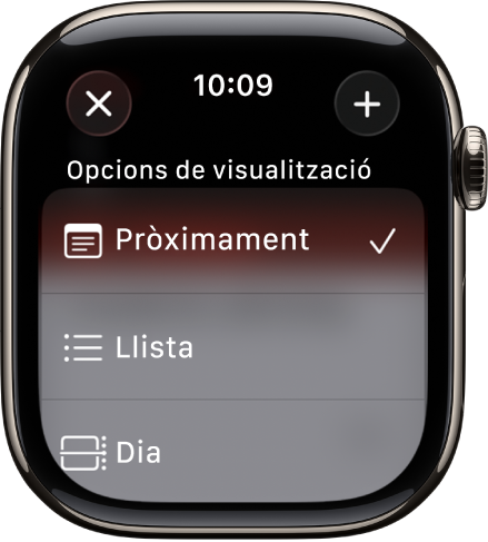 Pantalla del calendari que mostra les opcions de visualització: “A continuació”, Llista i Dia. A la part superior dreta hi ha el botó “Afegeix”.