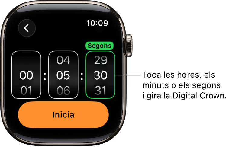 Opcions per crear un temporitzador personalitzat, amb l’hora a l’esquerra, els minuts al centre i els segons a la dreta. A sota hi ha el botó d’inici.