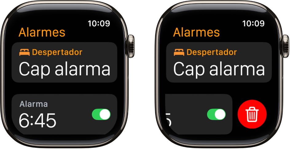 Dues pantalles de rellotge que mostren el procés d’eliminar una alarma.