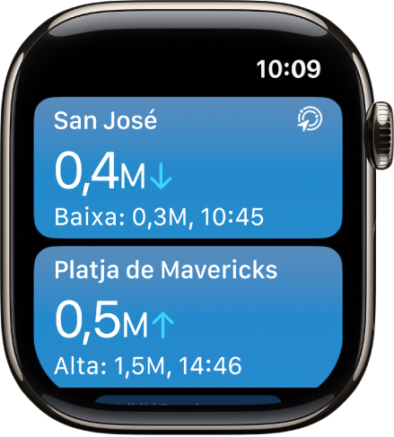 Una pantalla de l’app Marees amb una llista d’ubicacions i informació sobre les marees.