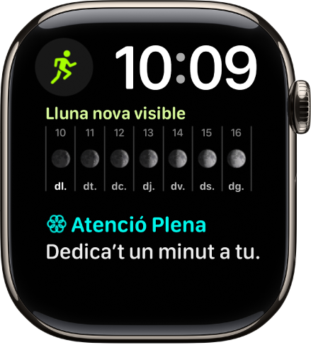 L’esfera Modular duo mostra un rellotge digital cap a la part superior dreta i tres complicacions: Entrenament a la part superior esquerra, Fase Lunar al centre i Atenció Plena a baix.