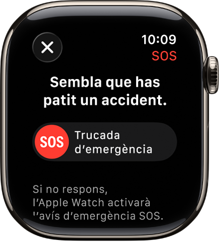 La pantalla de detecció d’accidents mostra el regulador de la funció d’emergència per iniciar una trucada d’emergència.