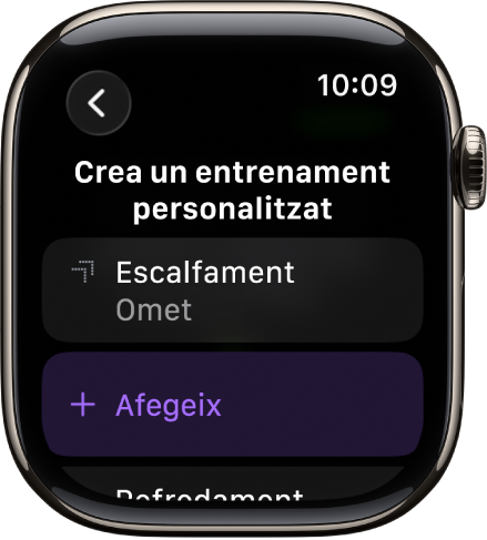 L’app Entrenament amb una pantalla per crear un entrenament personalitzat.