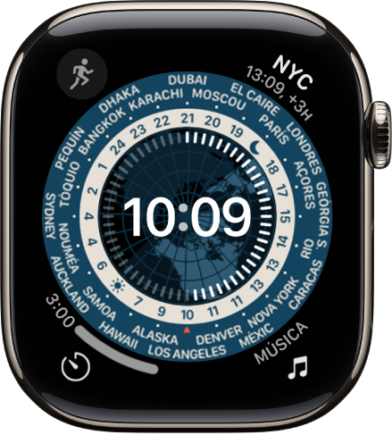 L’esfera Hora universal que mostra un rellotge analògic. Al centre, hi ha un mapa de la Terra que mostra el dia i la nit. Al voltant de l’esfera hi ha números i noms de ciutats que indiquen l’hora de cada ubicació. Hi ha complicacions a cada angle: Música és a la part superior esquerra; Traducció, a la part superior dreta; Temporitzador, a la part inferior esquerra; i la data a la part inferior dreta.