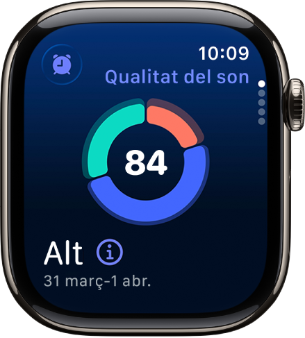 Al centre de la pantalla de qualitat del son es mostra una puntuació. A la part inferior esquerra es mostra una valoració i la durada del son.