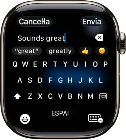 La pantalla del camp de text, en què es mostra un missatge creat amb el teclat en pantalla. El botó dels emojis i el del teclat en pantalla són a la part inferior de la pantalla.