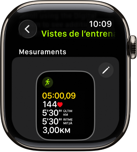 La pantalla “Vistes de l’entrenament” amb la vista d’entrenament “Mètriques” d’un entrenament de senderisme.