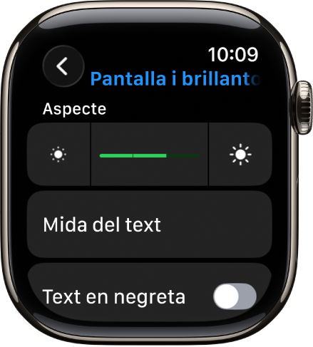 La configuració “Pantalla i brillantor” a l’Apple Watch, amb el regulador de brillantor a la part superior i el botó de “Mida del text” a sota.