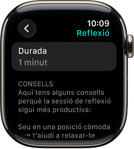 L’app Atenció Plena mostra una durada d’un minut a la part superior. A sota hi ha consells que poden ajudar a millorar una sessió de reflexió.