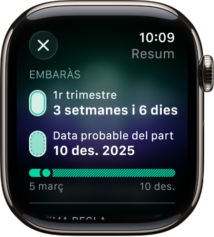 Una pantalla de l’app Control del Cicle amb un resum d’embaràs, l’edat gestacional i la data prevista de part al centre de la pantalla.