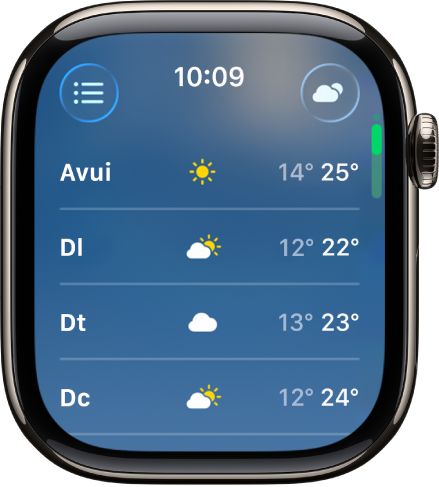 La pantalla de previsió de 10 dies, que mostra 4 dies de temperatures baixes i altes estimades.